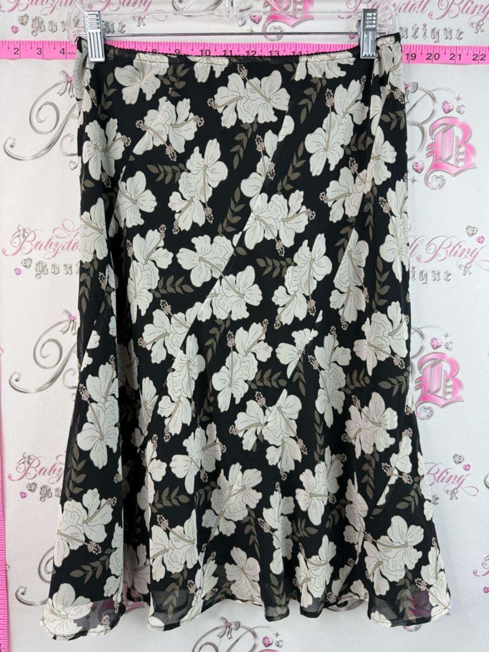 Espirit skirt flowers hibiscus Floral A-Line Skirt - Black with Cream Flowers